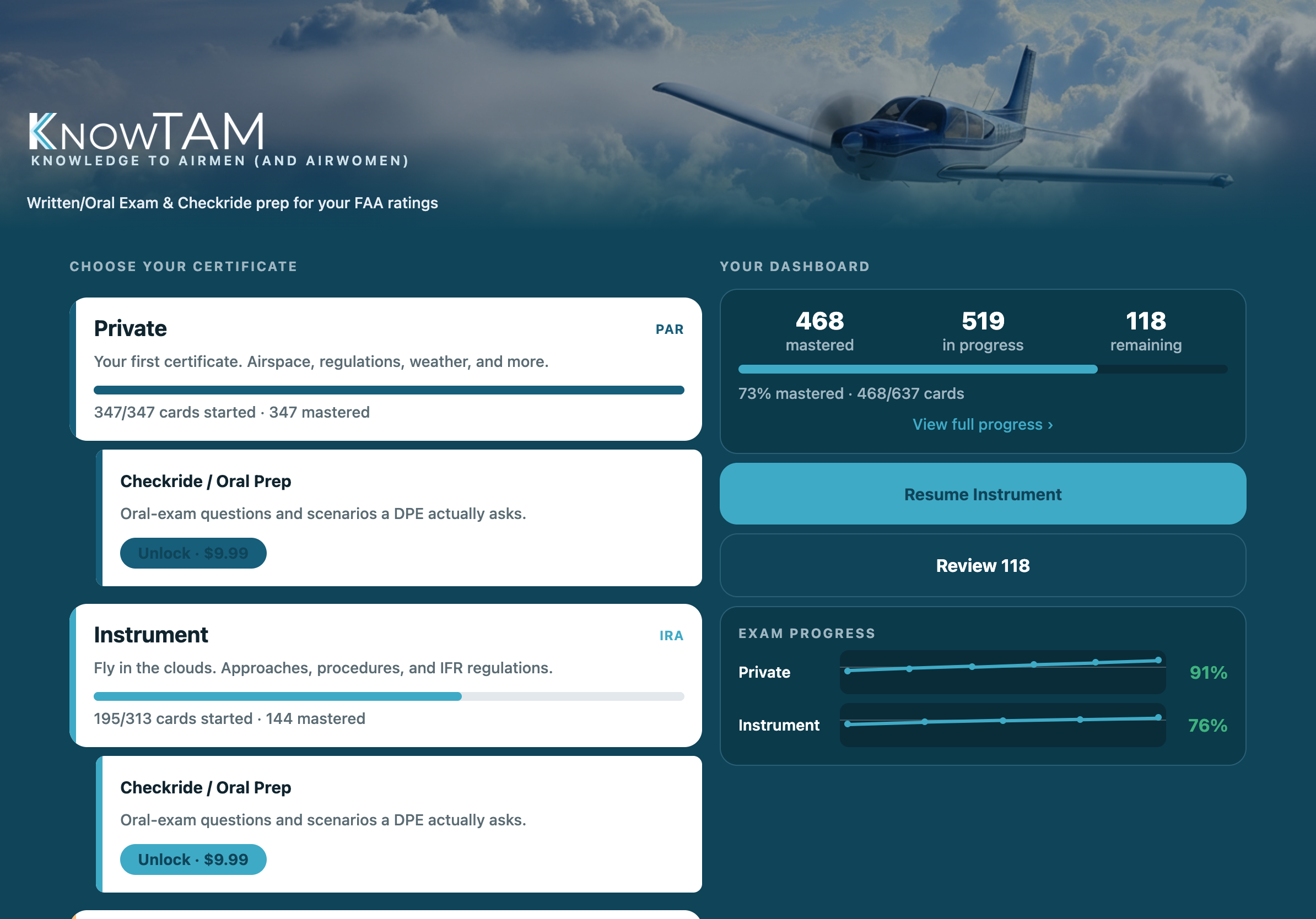 KnowTAM on iPad, dashboard with progress and exam trends